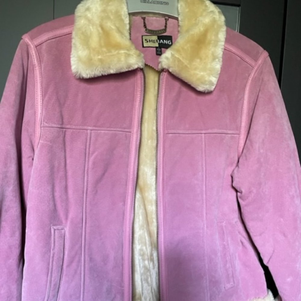 Ladies Shebang Pink Shearling Leather Cream Faux Fur Lining Zip Jacket. M   NWT
